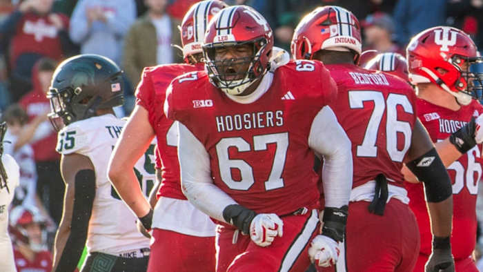 Indiana's Kahlil Benson (67) celebrates an Indiana first down late during the second half of the Indiana versus Michigan State football game at Memorial Stadium on Saturday, Nov. 18, 2023